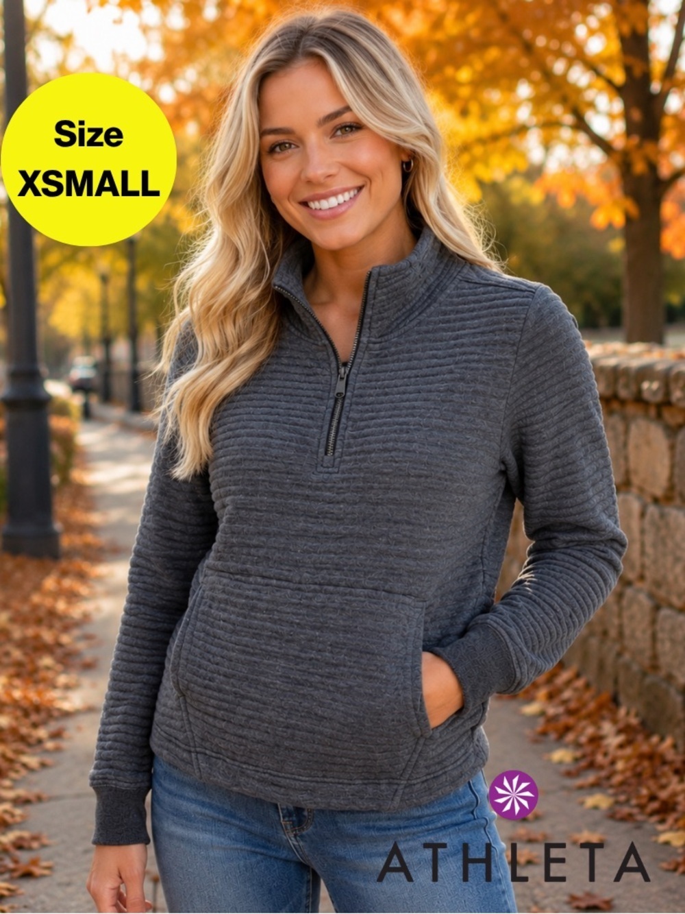 ATHLETA 🩶 Charcoal Gray Quarter-Zip Ottoman Ribbed Pullover (Womens X-Small)